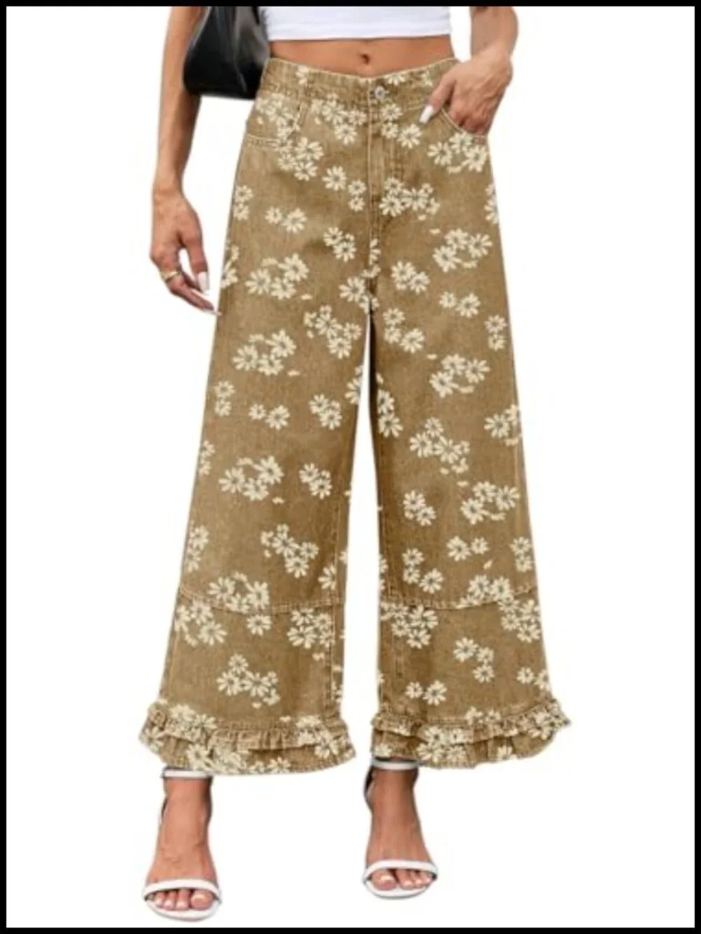 Y2k Crop Ruffle Hem Wide Leg Jeans Baggy Floral Print Patchwork Ankle Denim